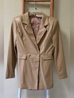 Women's Tan Faux Leather Blazer Jacket & Romper